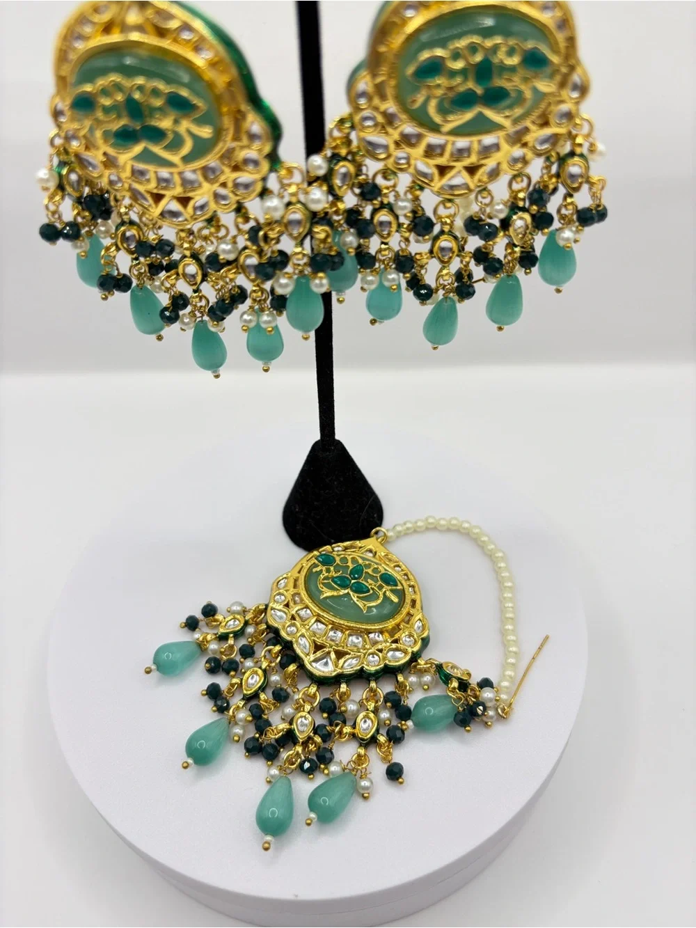 Green Jade Beads Gold Kundan Chandbali Earrings with Maang Tikka